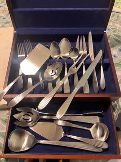 Flatware Set for 12 w/ Serving Cutlery in Wooden Case