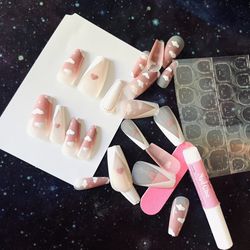 New 24pc Long Pink Hearts Clouds Press On Nails