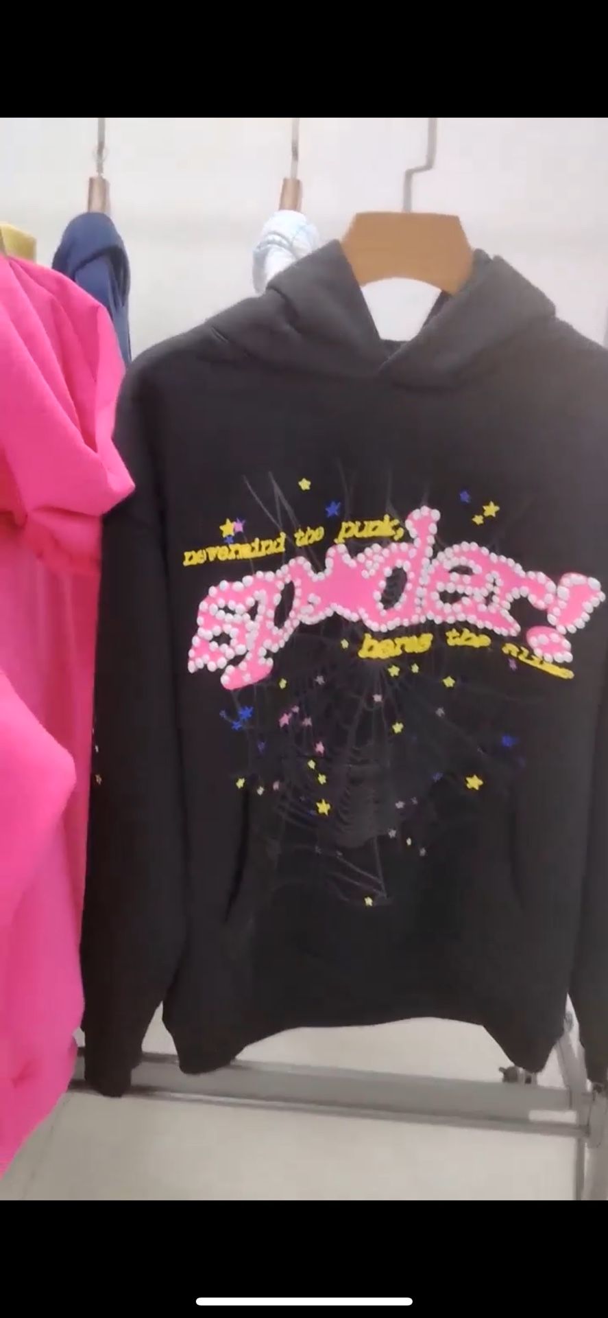 Sp5der Hoodie – Black with Pink Logo, Web & Star Print