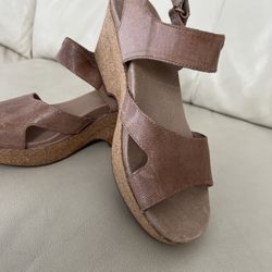 Earth Khaya Kella Taupe Brown Leather Cork Wedge Platform Sandal Shoe Size 9,5