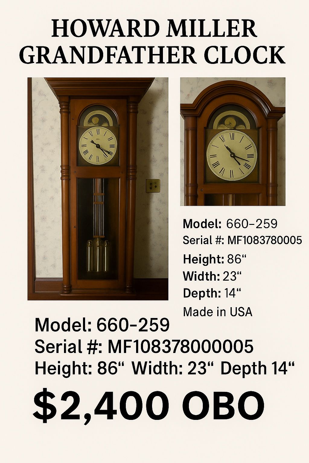 Howard Miller Grandfather Clock – Model 660-259 (Made in USA)