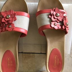 Coach Women’s Preowned Leather And Linen Wedge Sandal Size 7.5