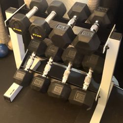 10-25 Lb Rubber Hex Dumbbell Set with Rack