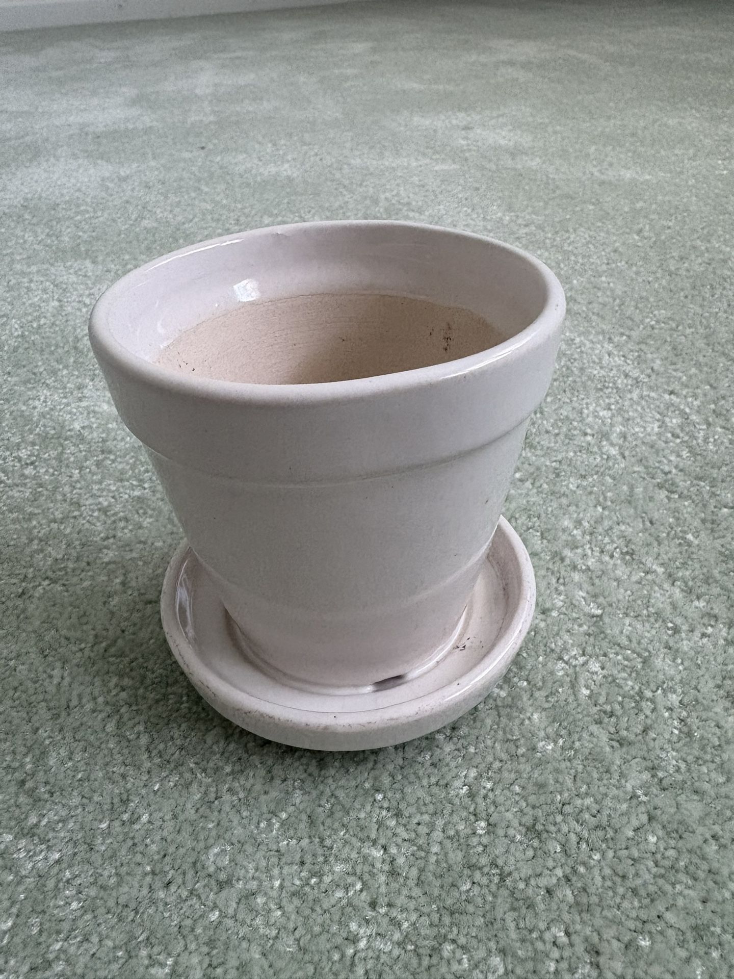 Vintage Glazed White Flower Pot With Attached Saucer 3.75” Tall