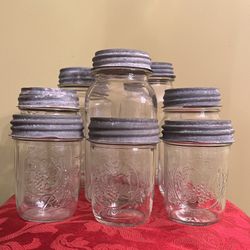 Lot Of 8 Vintage Mason And Ball Canning Jars With Zinc Lids In Varying Sizes