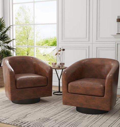 UIXE Swivel Accent Chairs Set of 2, PU Leather Barrel Club Chair Upholstered Armchair for Living Room, Round Arm Chair Bedroom Single Sofa Reading Sea