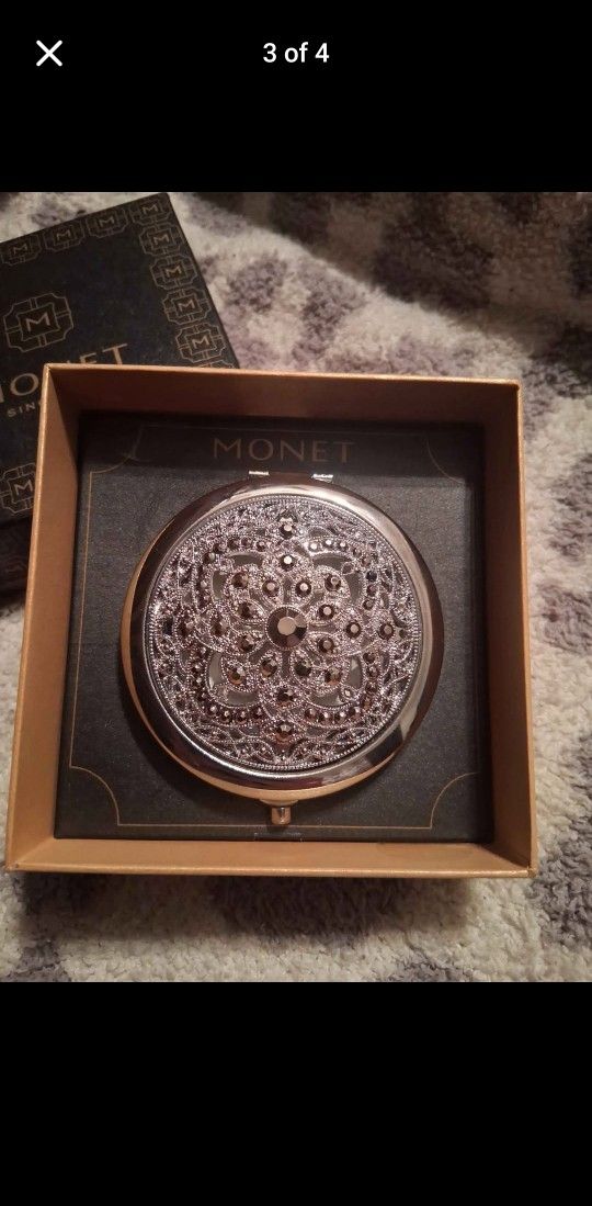 Monet Compact Mirror magnified & regular gunmetal stones filigree silver tone