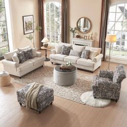 5-Pieces Chesterfield Couch Set Chenille Flora Sofa Loveseat and Armchair Living Room Set with Ottoman Coffee Table