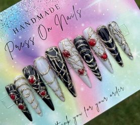 3XL stiletto press on nails black gothic gray red 3D gel