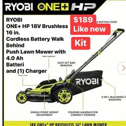 Ryobi brushless 16 in Cordless Battery Walk Behind Push Lawnmower kit with battery and charger