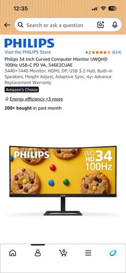 Philips 34 Inch Curved Computer Monitor UWQHD