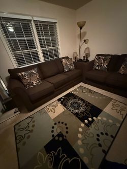 Brown Sofa & Loveseat Set + Large Area Rug – Good Condition