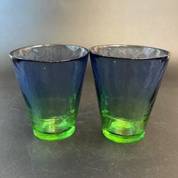 2 Hand Blown Recycled Glasses Tumbler Ombre Blue Green Rocks Drink Bar Seahawks