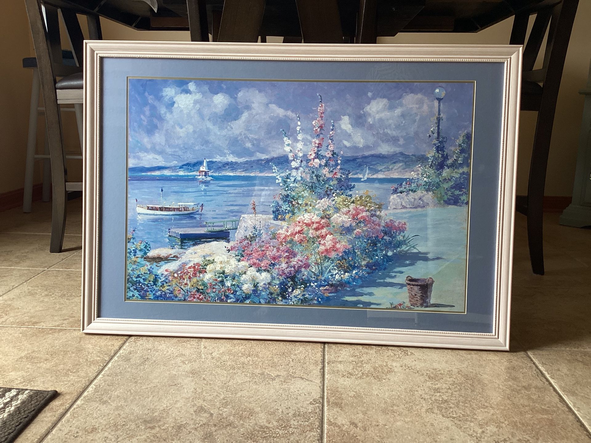 28” X 39” Beautifully Framed Sea, Sky And Floral Print