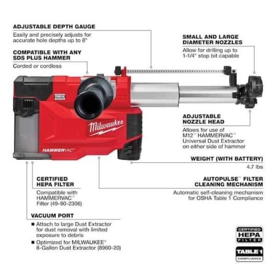 2509 22 Milwaukee M12 12 Volt Cordless HAMMERVAC Universal Dust Extractor Kit