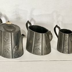 Antique Engraved 3 - Piece Tea Set - Pewter/Silver Plate - Marked 