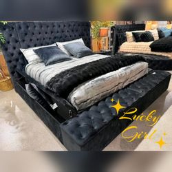Velvet Black King bed frame with storage space