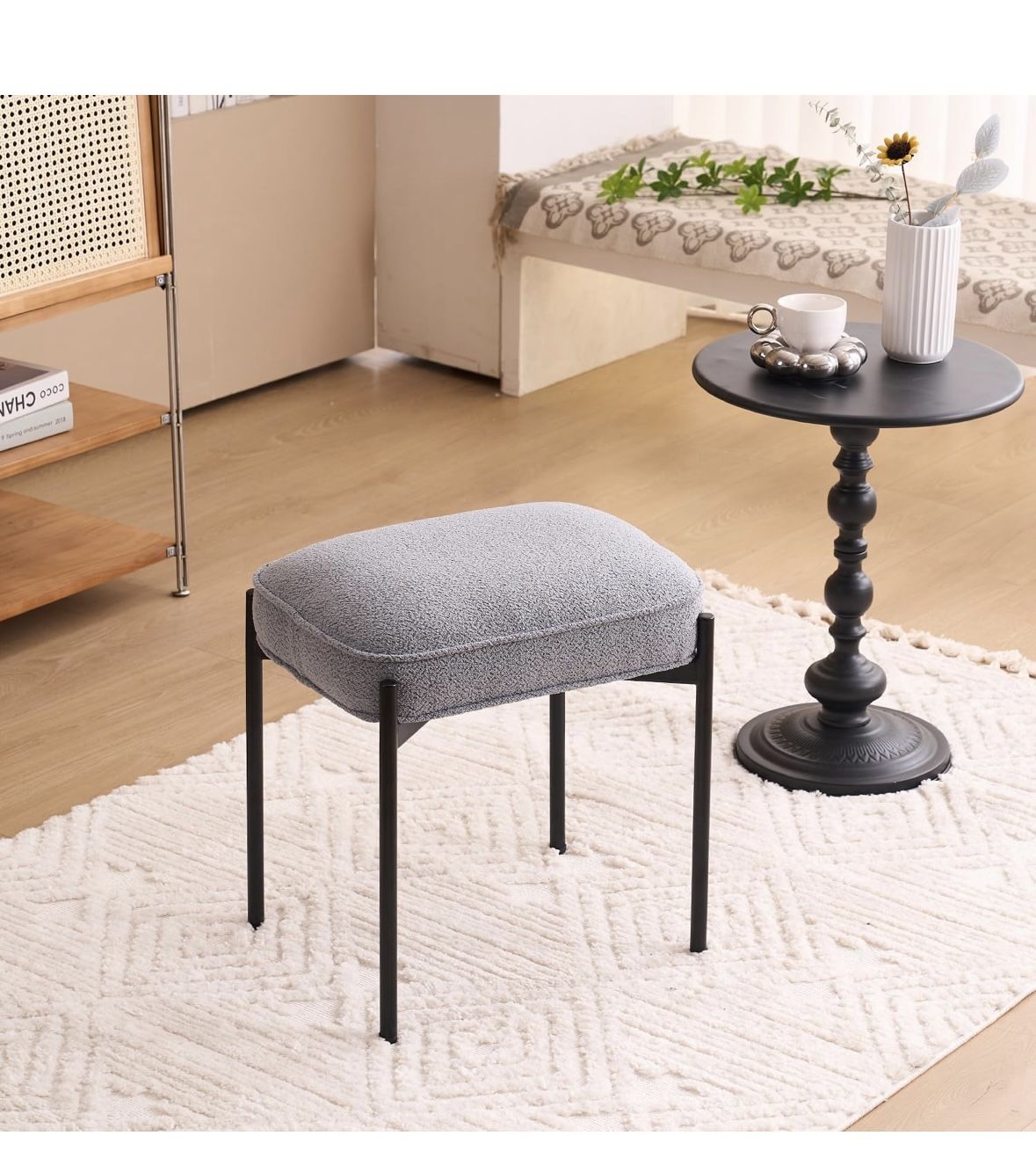 Light Grey Fabric Vanity Stool Boucle Velvet Ottoman Foot Stool Rectangle 19 Inch High New