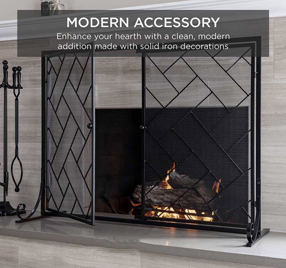 2-Panel Wrought Iron Geometric Fireplace Screen w/ Magnetic Doors - 44x33in
