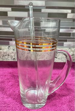 Vintage Mid-Century Modern Glass Pitcher with Gold Stripes and Stirrer