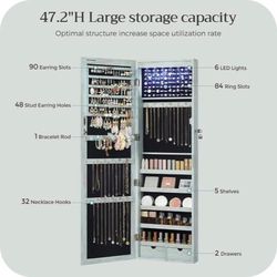 6 LEDs Mirror Cabinet, 47.2-Inch Tall Lockable Wall or Door Mounted Jewelry Armoire Organizer