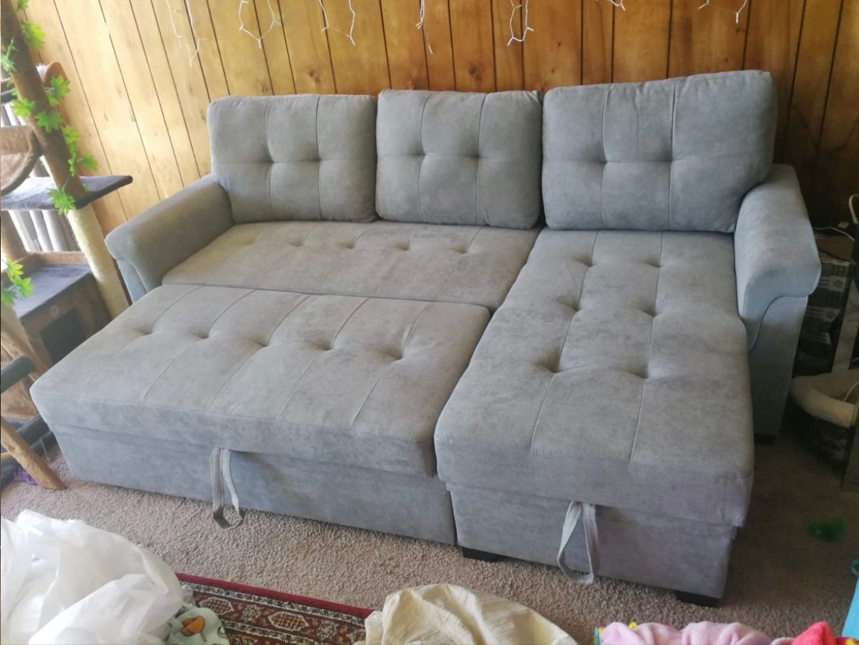 Gray 85" Sleeper Sectional Sofa with Reversible Storage Chaise