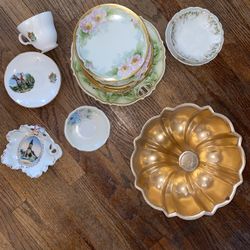 Vintage Copper Cake Pan And Gold Rimmed China Tea Cup And Dishes 