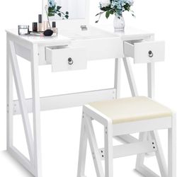 Vanity Set with Flip Top Mirror and 2 Drawers 9 Organizers, Dual Modern Makeup Dressing Table Writing Desk with Cushioned Stool