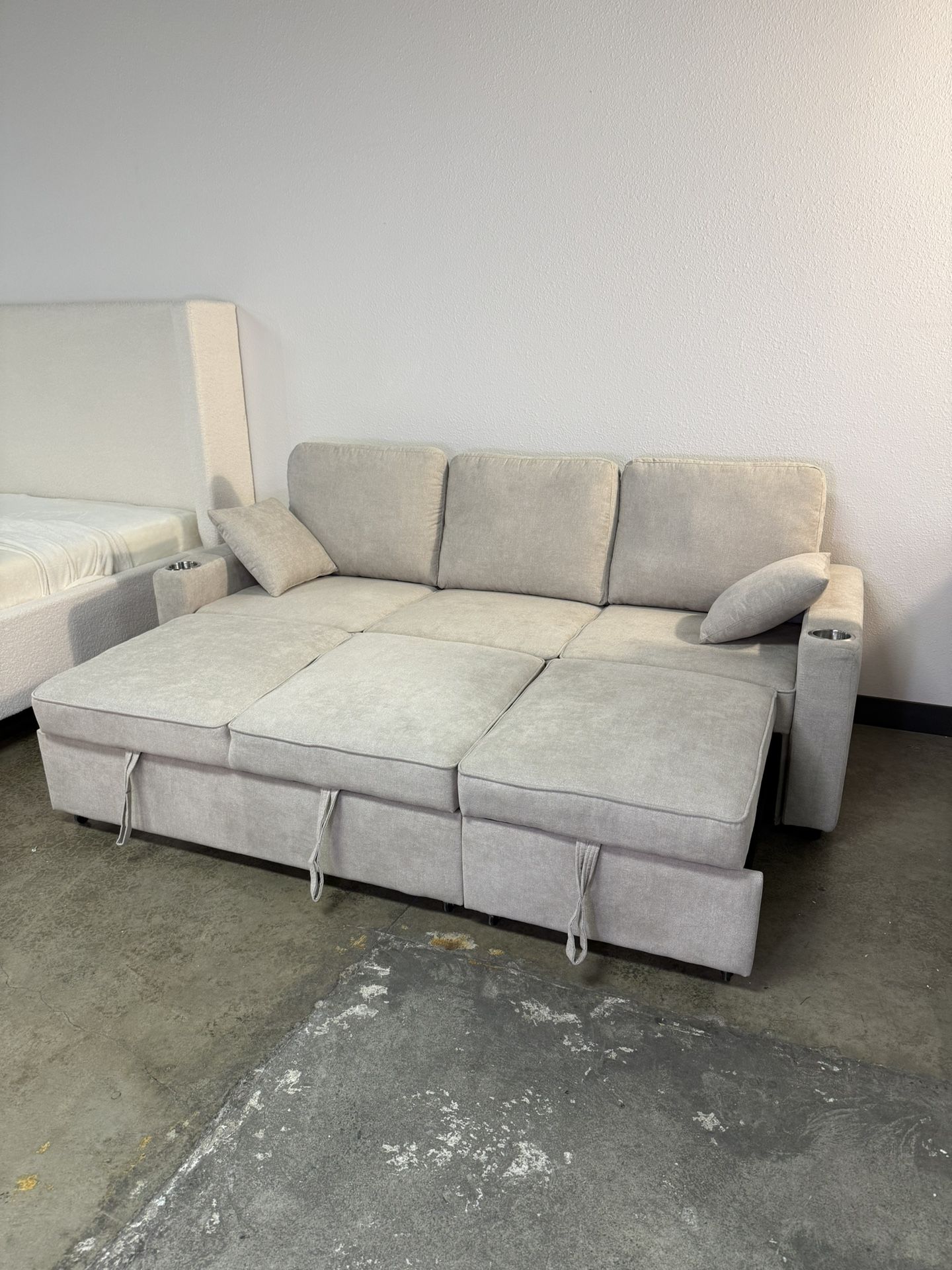 Sofa Bed with Pull-Out Sleeper & Chaise Storage – Gray or Taupe Compact Convertible Sectional Couch