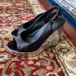 Pre-owned Black Leather Chanel Wedge 5” Heels, Sandals Size 38 1/2