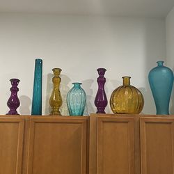 Jewel Tone Glass Vases & Decorative Accents Set: 7 Elegant Pieces, Magenta, Amber, Turquoise