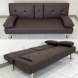 (NEW) $155 Folding Futon Sofa Bed Recliner Convertible Couch 65x30x31 Inches, Brown/Gray 