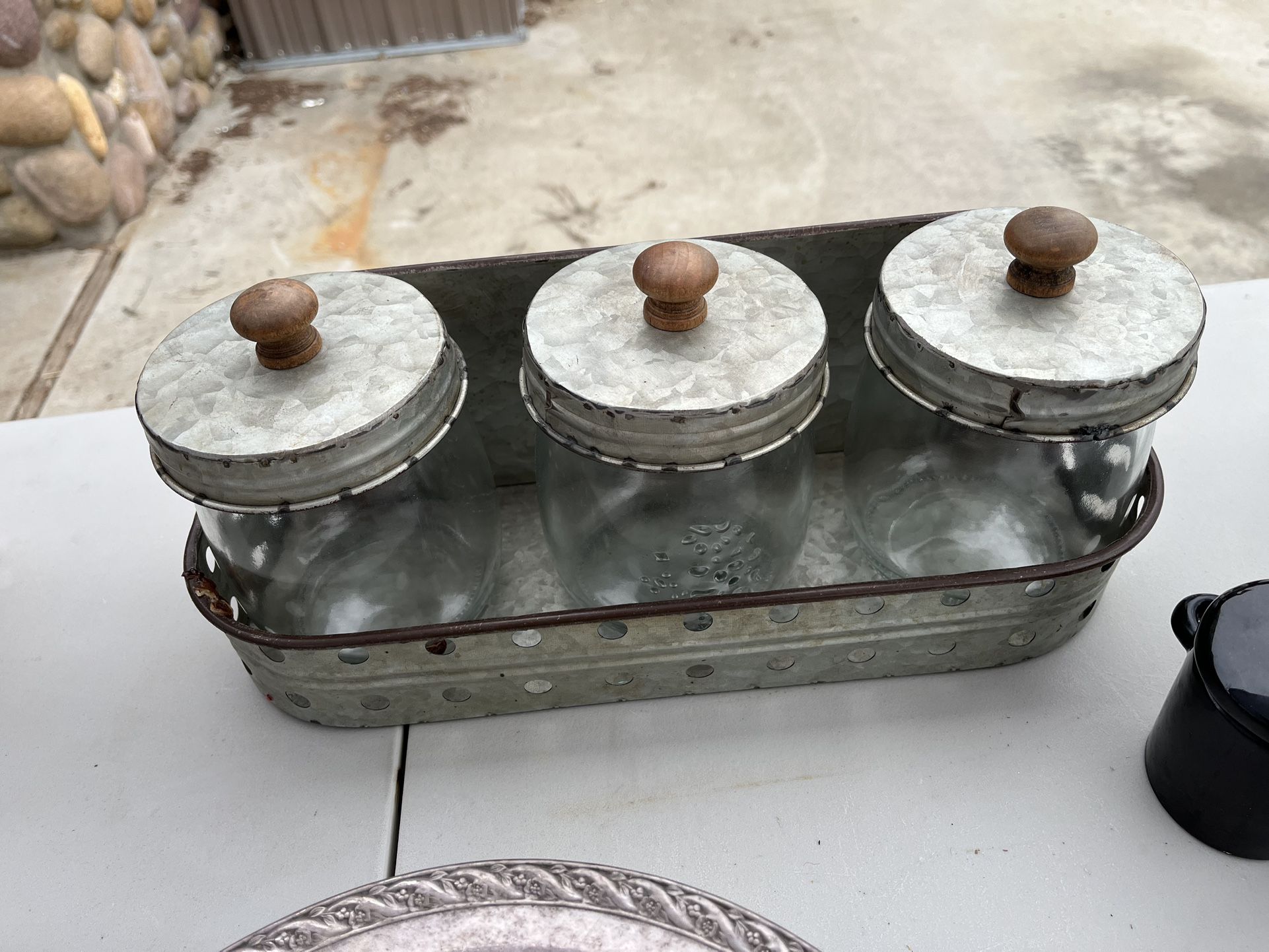 Three Piece Galvanized Glass Jars
