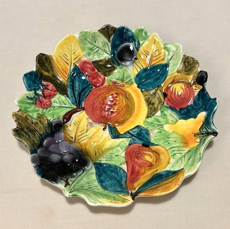 Vintage Round Italian Colorful Polychrome Hand Painted Ceramic Majolica Fruit Platter Centerpiece