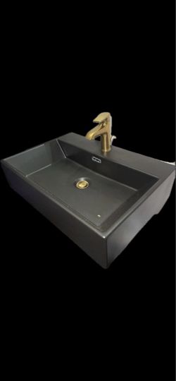 Matte Black Wall-Mounted Bathroom Sink w/ Gold Faucet – Modern Floating Design