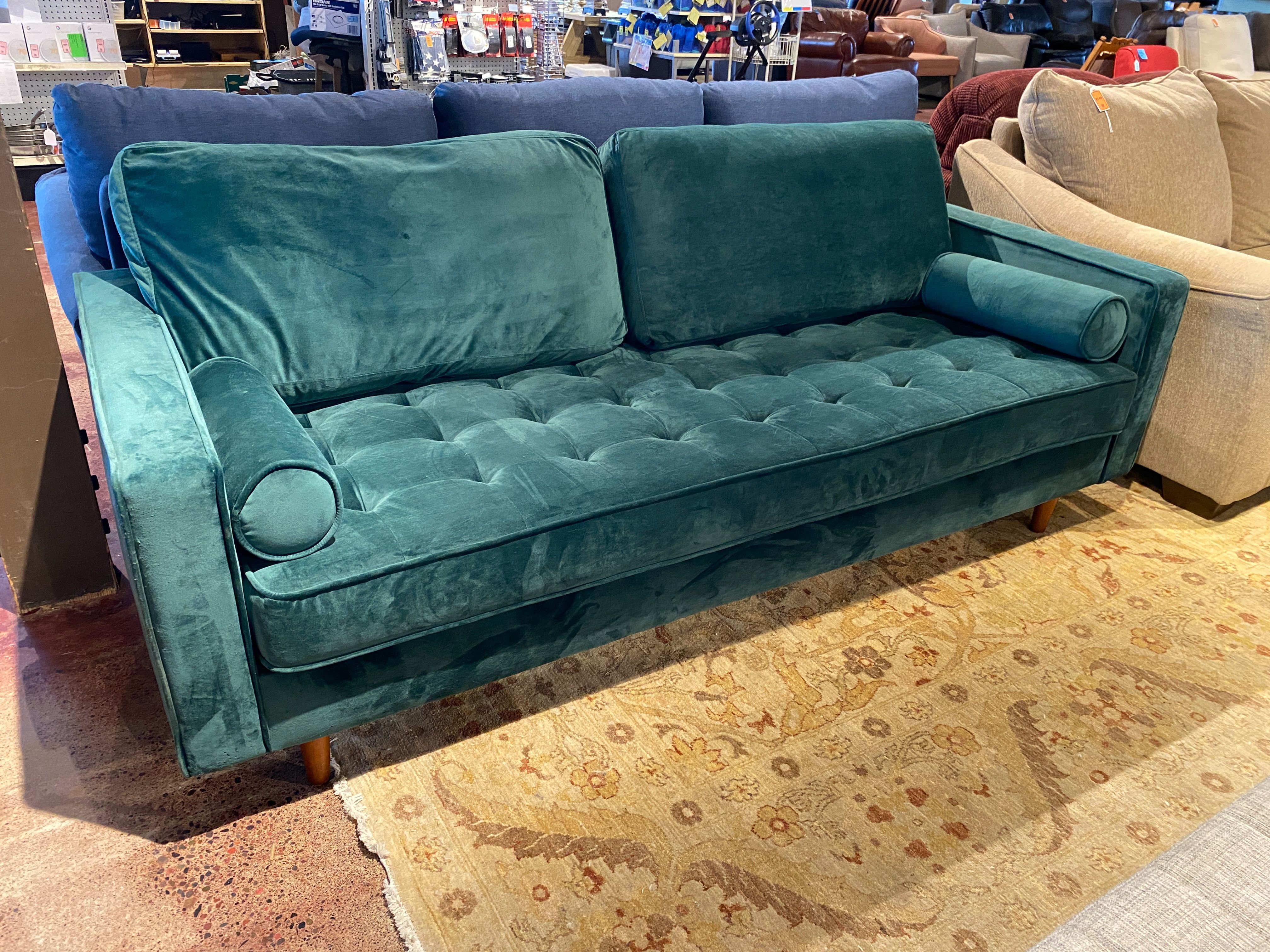 Emerald Green Velvet Couch with Tufted Seat