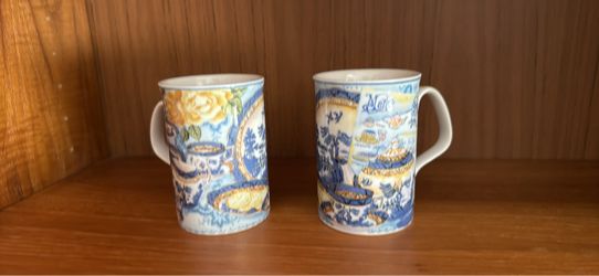 Blue and White Floral Ceramic Mugs Set of 2