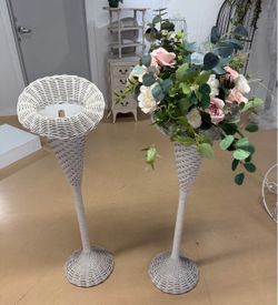 Pair of 49” White Wicker Pedestal Flower Stands - Wedding Decor