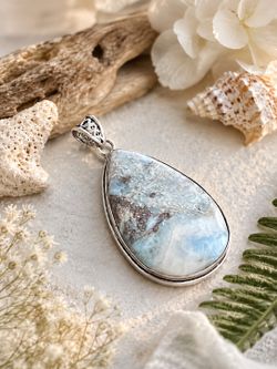 XL Teardrop Natural Caribbean Larimar Silver Necklace Pendant