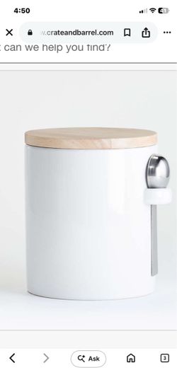 Crate & Barrel Aspen White Ceramic Canister with The Wood Lid and Stainless Steel 1Tsp Scoop H5”, 5” in diameter