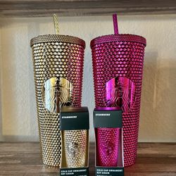 Starbucks 24oz Studded Gold and Sangria Tumbler Set with Keychains