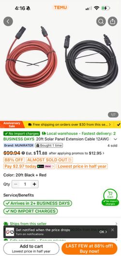 20ft Solar Panel Extension Cables