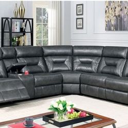 Brand New Plush Grey Leather Reclining Sectional Sofa