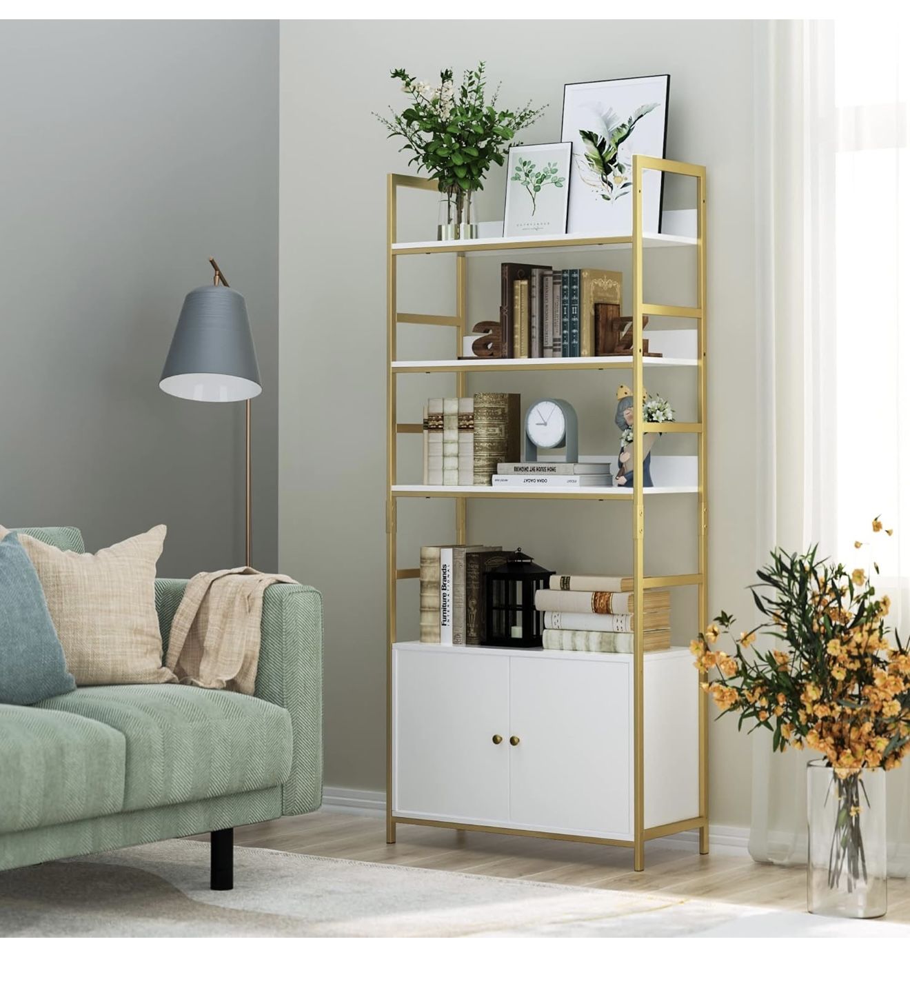 2-Cabinet White and Gold Bookshelf with Doors and Metal Frame (Dresser, decoration art stand, shelf)