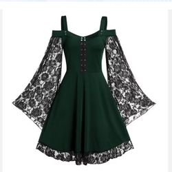 Ladies 10 - 16 Green Gothic Patchwork Dress with Spaghetti Straps and Lace Sleeves