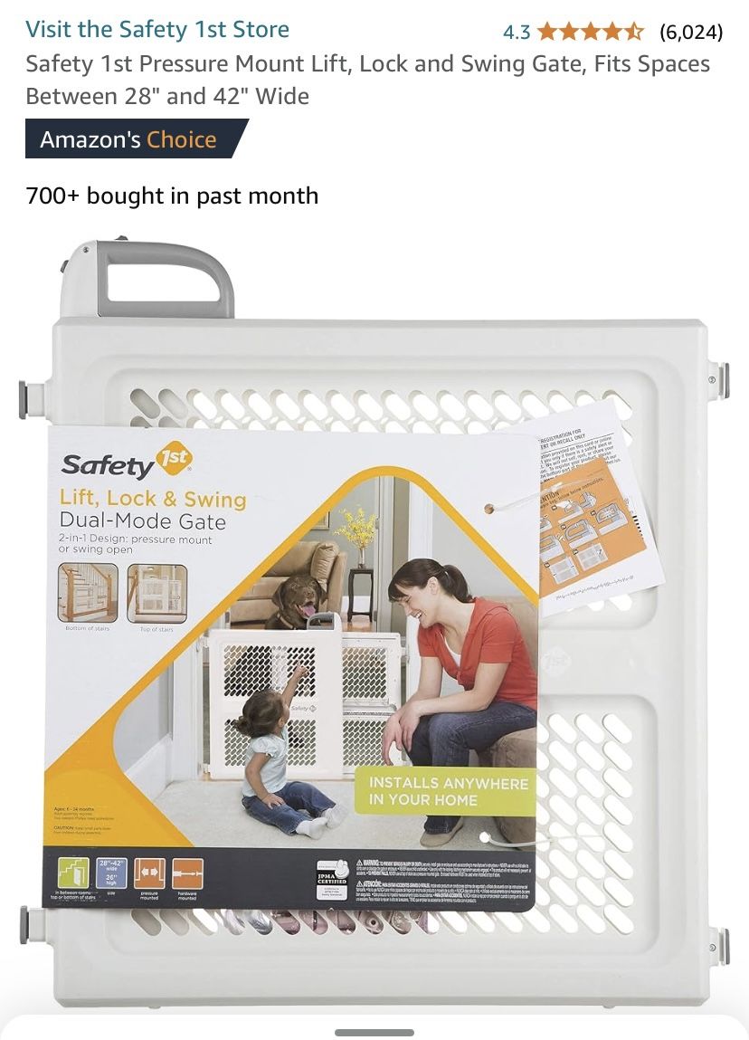 Safety 1st Pressure Mount Lift, Lock and Swing Gate, Fits Spaces Between 28" and 42" Wide NEW