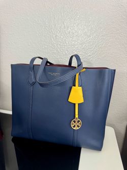 Tory Burch Navy Blue Leather Tote Bag Yellow Charm Large Shoulder Bag