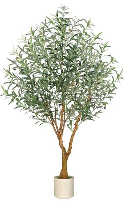 6FT Faux Olive Tree in White Planter, Lush Canopy with Large Olive Branches and Lifelike Fruit.