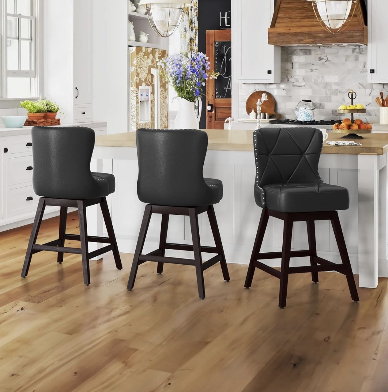 Set of 3, 26" H Swivel Bar Stool with Back. Black