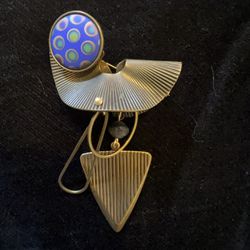Vintage 1980s abstract geometric peacock raku beaded brooch